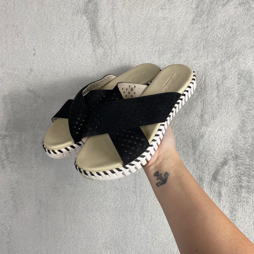 Ilse‎ Jacobsen Hornbaek Tulip Black Perforated Cross Strap Platform Sandals 40